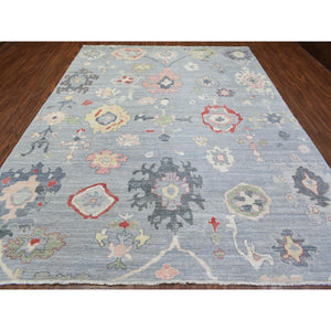 9'x11'9" Light Gray Hand Knotted Afghan Angora Oushak with Colorful Floral Pattern, Natural Dyes Pure Wool, Borderless Oriental Rug FWR435042