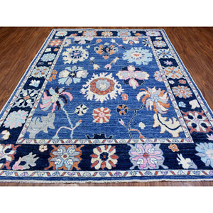 8'2"x10' Denim Blue Hand Knotted Afghan Angora Oushak with Colorful Floral Pattern, Natural Dyes Pure Wool, Oriental Rug FWR435924