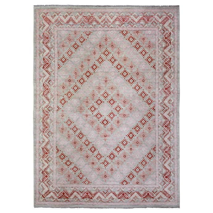 9'x12' Light Red, Anatolian Village Inspired Geometric Style, Soft Wool Hand Knotted Natural Dyes Oriental Rug FWR436194