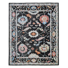Load image into Gallery viewer, 7&#39;10&quot;x9&#39;7&quot; Charcoal Black Hand Knotted Afghan Angora Oushak with Colorful Floral Pattern, Natural Dyes Pure Wool, Oriental Rug FWR436308