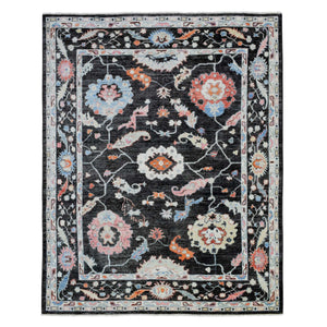 7'10"x9'7" Charcoal Black Hand Knotted Afghan Angora Oushak with Colorful Floral Pattern, Natural Dyes Pure Wool, Oriental Rug FWR436308