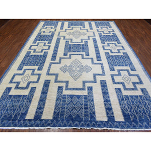 8'10"x11'8" Ivory with Denim Blue, Hand Knotted Fine Peshawar with Intricate, Geometric, Motifs, Densely Woven Soft Organic Wool, Oriental Rug FWR436320