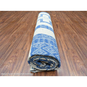 8'10"x11'8" Ivory with Denim Blue, Hand Knotted Fine Peshawar with Intricate, Geometric, Motifs, Densely Woven Soft Organic Wool, Oriental Rug FWR436320