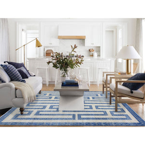 8'x9'5" Denim Blue, Fine Peshawar with Intricate Geometric Motifs Maze Design Dense Weave, Soft and Shiny Wool Hand Knotted, Oriental Rug FWR436326