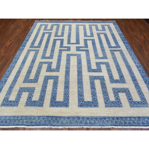 8'x9'5" Denim Blue, Fine Peshawar with Intricate Geometric Motifs Maze Design Dense Weave, Soft and Shiny Wool Hand Knotted, Oriental Rug FWR436326