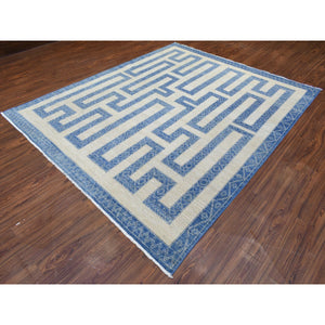 8'x9'5" Denim Blue, Fine Peshawar with Intricate Geometric Motifs Maze Design Dense Weave, Soft and Shiny Wool Hand Knotted, Oriental Rug FWR436326