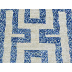 8'x9'5" Denim Blue, Fine Peshawar with Intricate Geometric Motifs Maze Design Dense Weave, Soft and Shiny Wool Hand Knotted, Oriental Rug FWR436326