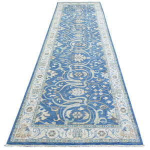3'9"x13'3" Sapphire Blue, Fine Peshawar with Heriz Design, Natural Dyes Dense Weave, Soft and Velvety Wool Hand Knotted, Wide Runner Oriental Rug FWR436338