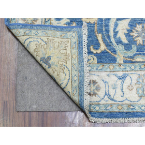3'9"x13'3" Sapphire Blue, Fine Peshawar with Heriz Design, Natural Dyes Dense Weave, Soft and Velvety Wool Hand Knotted, Wide Runner Oriental Rug FWR436338