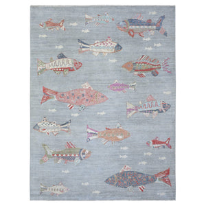 9'2"x11'9" Light Gray, Densely Woven Soft Wool Hand Knotted, Afghan Peshawar with Colorful Oceanic Fish Design Natural Dyes, Oriental Rug FWR436584