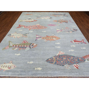 9'2"x11'9" Light Gray, Densely Woven Soft Wool Hand Knotted, Afghan Peshawar with Colorful Oceanic Fish Design Natural Dyes, Oriental Rug FWR436584