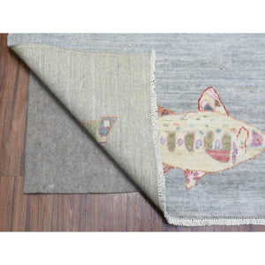 9'2"x11'9" Light Gray, Densely Woven Soft Wool Hand Knotted, Afghan Peshawar with Colorful Oceanic Fish Design Natural Dyes, Oriental Rug FWR436584