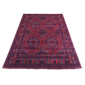 4'10"x6'7" Deep and Saturated Red Hand Knotted With Tribal Design, Soft and Shiny Wool Afghan Khamyab Oriental Rug FWR436662