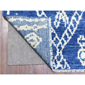 2'8"x15'4" Denim Blue, Soft Organic Wool Hand Knotted, Boujaad Moroccan Berber Design with Geometric Triangular Design, Natural Dyes, Runner Oriental Rug FWR436704