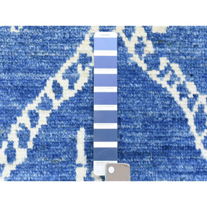 2'8"x15'4" Denim Blue, Soft Organic Wool Hand Knotted, Boujaad Moroccan Berber Design with Geometric Triangular Design, Natural Dyes, Runner Oriental Rug FWR436704