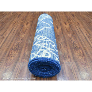 2'8"x15'4" Denim Blue, Soft Organic Wool Hand Knotted, Boujaad Moroccan Berber Design with Geometric Triangular Design, Natural Dyes, Runner Oriental Rug FWR436704