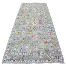 Load image into Gallery viewer, 4&#39;4&quot;x10&#39; Taupe Hand Knotted Afghan Angora Oushak with Colorful Motifs Natural Dyes, Soft Wool, Wide Runner Oriental Rug FWR436740