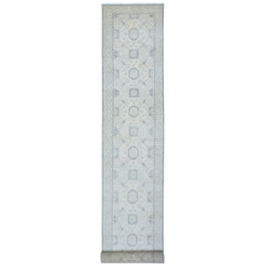 2'9"x18'9" Cream, Hand Knotted White Wash Peshawar with Khotan Design, Natural Dyes Pure Wool, XL Runner Oriental Rug FWR436782