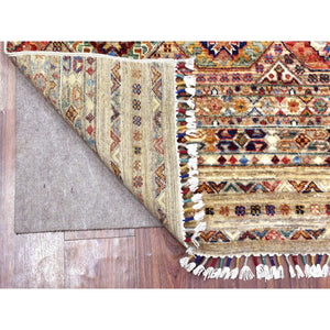 3'4"x9'10" Walnut Brown Hand Knotted Afghan Super Kazak with Khorjin Design, Natural Dyes, Pure Wool Runner Oriental Rug FWR437100