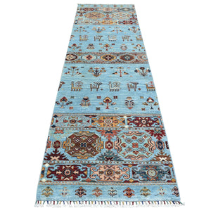 2'9"x9'10" Light Blue Afghan Super Kazak with Khorjin Design, Natural Dyes, Soft Wool Hand Knotted Runner Oriental Rug FWR437118