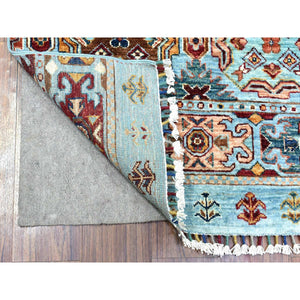 2'9"x9'10" Light Blue Afghan Super Kazak with Khorjin Design, Natural Dyes, Soft Wool Hand Knotted Runner Oriental Rug FWR437118