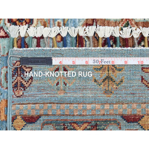 2'9"x9'10" Light Blue Afghan Super Kazak with Khorjin Design, Natural Dyes, Soft Wool Hand Knotted Runner Oriental Rug FWR437118