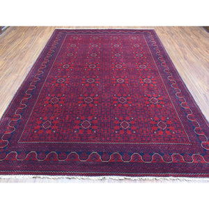 8'1"x11'2" Deep and Saturated Red, Afghan Khamyab with Geometric Design, Extra Soft Wool Hand Knotted, Oriental Rug FWR437130