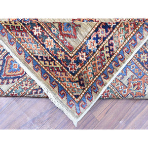 10'x13'2" Taupe Afghan Super Kazak with Geometric Medallions, Natural Dyes Densely Woven, Velvety Wool Hand Knotted, Oriental Rug FWR437172
