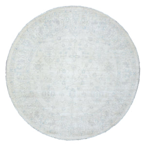 7'10"x7'10" Ivory, White Wash Peshawar Natural Dyes, Soft and Shiny Wool Hand Knotted, Round Oriental Rug FWR437286