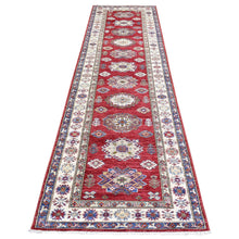 Load image into Gallery viewer, 3&#39;x11&#39; Rich Red Hand Knotted, Extra Soft Wool, Afghan Super Kazak with Geometric Medallions, Natural Dyes Runner Oriental Rug FWR437448