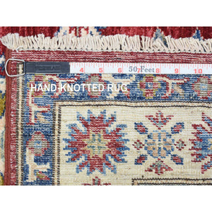 3'x11' Rich Red Hand Knotted, Extra Soft Wool, Afghan Super Kazak with Geometric Medallions, Natural Dyes Runner Oriental Rug FWR437448