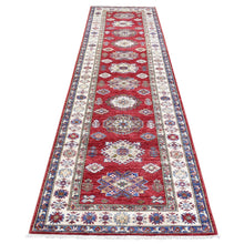 Load image into Gallery viewer, 3&#39;1&quot;x11&#39; Rich Red, Hand Knotted Afghan Super Kazak with Geometric Medallions, Natural Dyes Extra Soft Wool Runner Oriental Rug FWR437460