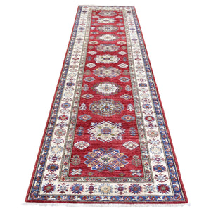3'1"x11' Rich Red, Hand Knotted Afghan Super Kazak with Geometric Medallions, Natural Dyes Extra Soft Wool Runner Oriental Rug FWR437460