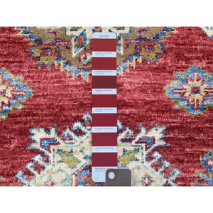 3'1"x11' Rich Red, Hand Knotted Afghan Super Kazak with Geometric Medallions, Natural Dyes Extra Soft Wool Runner Oriental Rug FWR437460