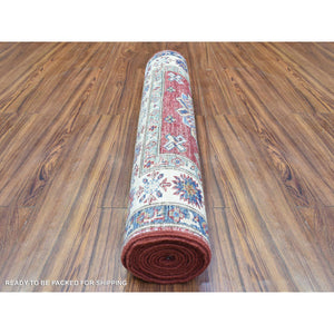 3'1"x11' Rich Red, Hand Knotted Afghan Super Kazak with Geometric Medallions, Natural Dyes Extra Soft Wool Runner Oriental Rug FWR437460