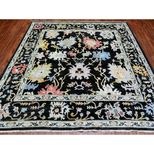 7'10"x7'10" Olive Black, Natural Dyes Soft Wool, Hand Knotted Afghan Angora Oushak with Pop of Color, Square Oriental Rug FWR437712