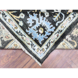7'10"x7'10" Olive Black, Natural Dyes Soft Wool, Hand Knotted Afghan Angora Oushak with Pop of Color, Square Oriental Rug FWR437712