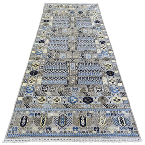 4'x9'9" Cloud Gray, Soft Wool Hand Knotted, Afghan Ersari with Hutchlu Design, Soft and Lush Pile Vegetable Dyes, Wide Runner Oriental Rug FWR438042