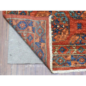 4'1"x11'3" Prismatic Legacy Red, Vegetable Dyes Extra Soft Wool, Hand Knotted Afghan Ersari with Elephant Feet Design, Soft and Lush Pile, Wide Runner Oriental Rug FWR438078