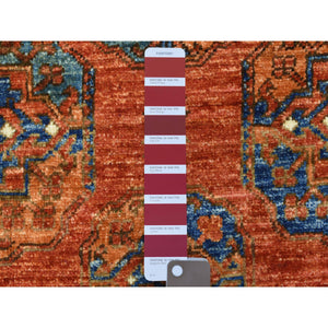 4'1"x11'3" Prismatic Legacy Red, Vegetable Dyes Extra Soft Wool, Hand Knotted Afghan Ersari with Elephant Feet Design, Soft and Lush Pile, Wide Runner Oriental Rug FWR438078