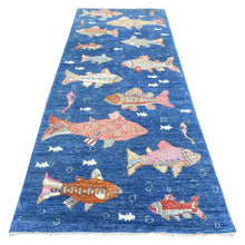 Load image into Gallery viewer, 4&#39;2&quot;x9&#39;9&quot; Sapphire Blue, Hand Knotted Afghan Peshawar with Colorful Oceanic Fish Design, Densely Woven Natural Dyes, Extra Soft Wool, Wide Runner Oriental Rug FWR438108