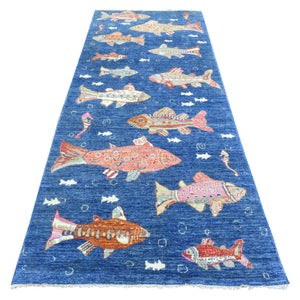 4'2"x9'9" Sapphire Blue, Hand Knotted Afghan Peshawar with Colorful Oceanic Fish Design, Densely Woven Natural Dyes, Extra Soft Wool, Wide Runner Oriental Rug FWR438108