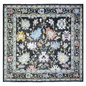 11'10"x11'10" Olive Black, Afghan Angora Oushak with Colorful Motifs Vegetable Dyes, Organic Wool Hand Knotted, Square Oriental Rug FWR438174