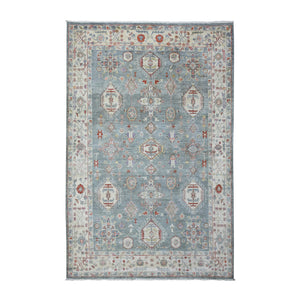 6'x9'2" Cadet Gray, Vegetable Dyes Soft Wool, Hand Knotted Finer Peshawar with Elements Design, Dense Weave, Oriental Rug FWR438342