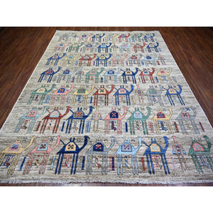 8'x9'8" Beige, Hand Knotted Anatolian Village Inspired with All Over Camel Figurines, Vegetable Dyes Extra Soft Wool, Oriental Rug FWR438558