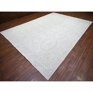 9'9"x13'9" Ivory, White Wash Peshawar with Repetitive Geometric Medallions, Soft Wool Hand Knotted, Oriental Rug FWR438672