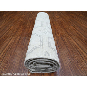 9'9"x13'9" Ivory, White Wash Peshawar with Repetitive Geometric Medallions, Soft Wool Hand Knotted, Oriental Rug FWR438672