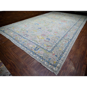14'x23' Cloud Gray, Pure Wool Hand Knotted, Afghan Angora Oushak with Colorful Motifs Vegetable Dyes, Oversized Oriental Rug FWR439026