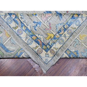 14'x23' Cloud Gray, Pure Wool Hand Knotted, Afghan Angora Oushak with Colorful Motifs Vegetable Dyes, Oversized Oriental Rug FWR439026