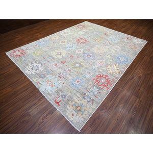 8'1"x10'8" Taupe, Afghan Angora Oushak with Colorful Motifs Natural Dyes, Extra Soft Wool Hand Knotted, Oriental Rug FWR439128